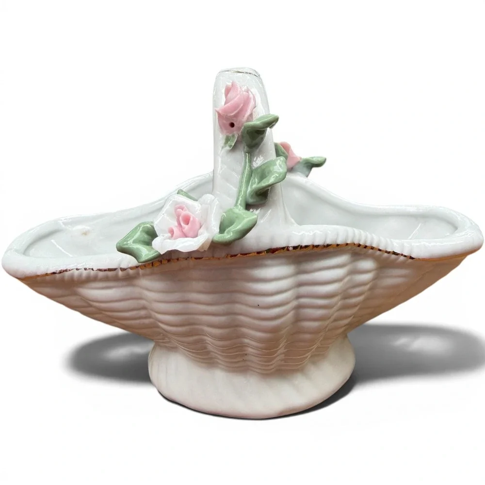 Vintage White Porcelain Basket w/ Applied Flowers | 1950s Ceramic Trinket Dish